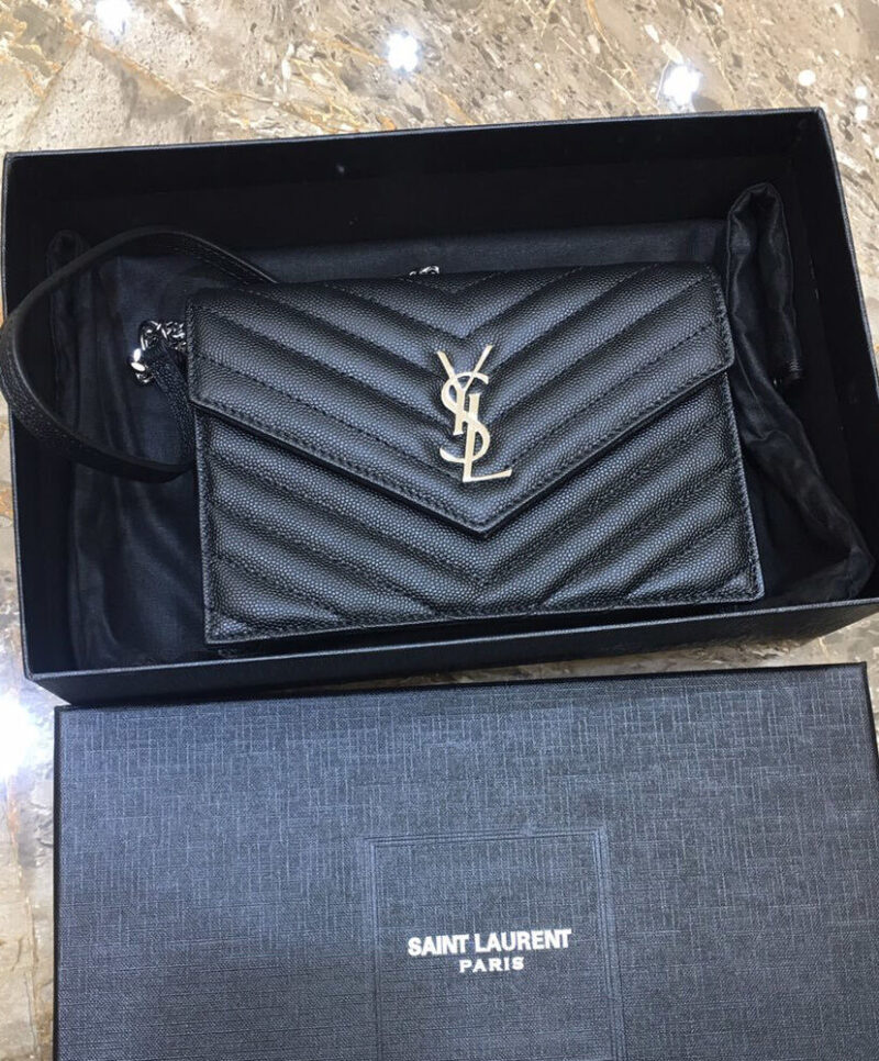 Saint Laurent Envelope Chain Wallet In Grain De Poudre Embossed Leather Black